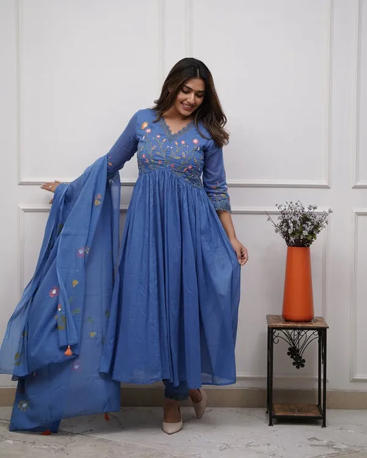 Biba Blue Look Beautiful And Elegant In Our Best Cotton Anarkali Set.
