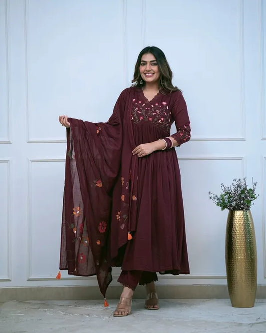 Biba Moroon Look Beautiful And Elegant In Our Best Cotton Anarkali Set.