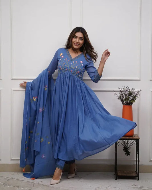 Biba Blue Look Beautiful And Elegant In Our Best Cotton Anarkali Set.