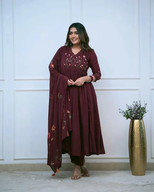 Biba Moroon Look Beautiful And Elegant In Our Best Cotton Anarkali Set.