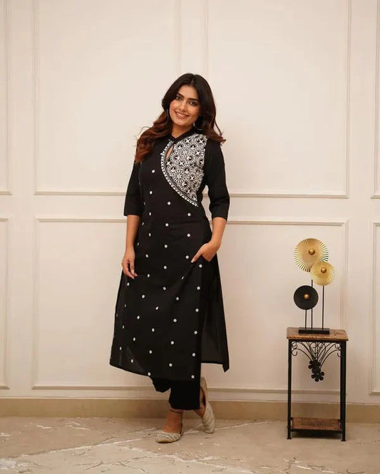 Biba Black Embroidered Cotton Straight Kurta Set