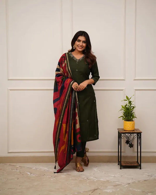 Beautiful Pure Rayon Green  Kurta And Pant With Dupatta Set