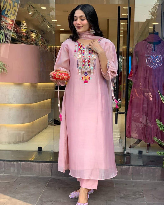 Light Pink Colour Chanderi Silk Designer Kurti Pant Set