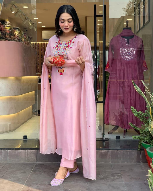 Light Pink Colour Chanderi Silk Designer Kurti Pant Set