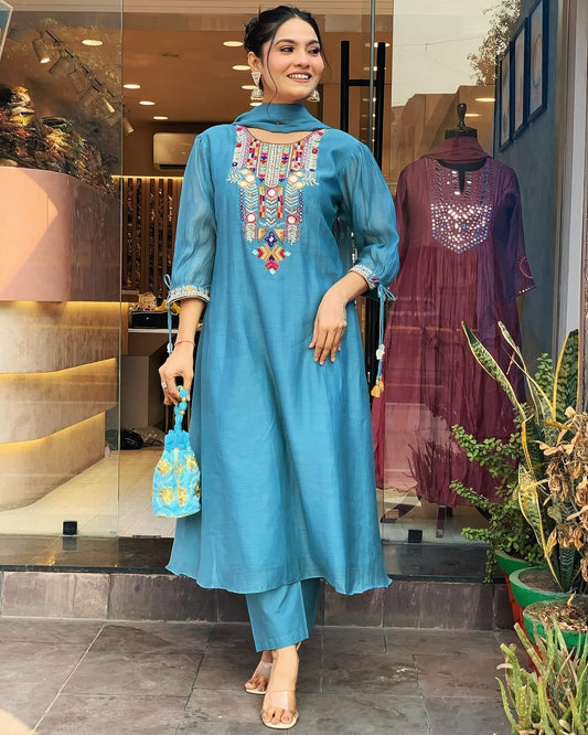 Light Blue Colour Chanderi Silk Designer Kurti Pant Set