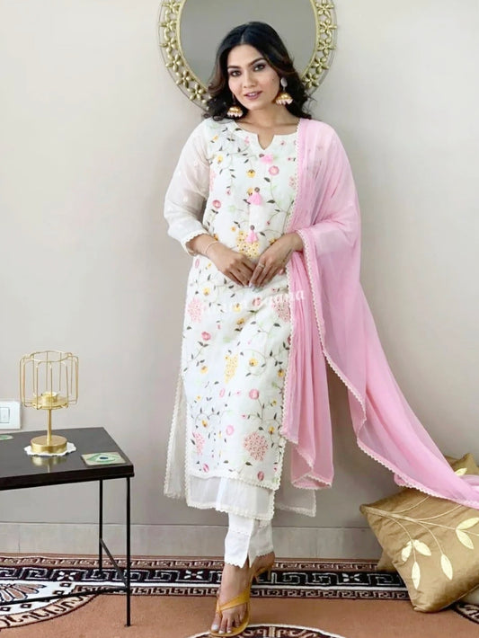 Off White Hand Embroidery Cotton Kurta with lining, Pant & Pink Pure contrast Dupatta
Regular priceR