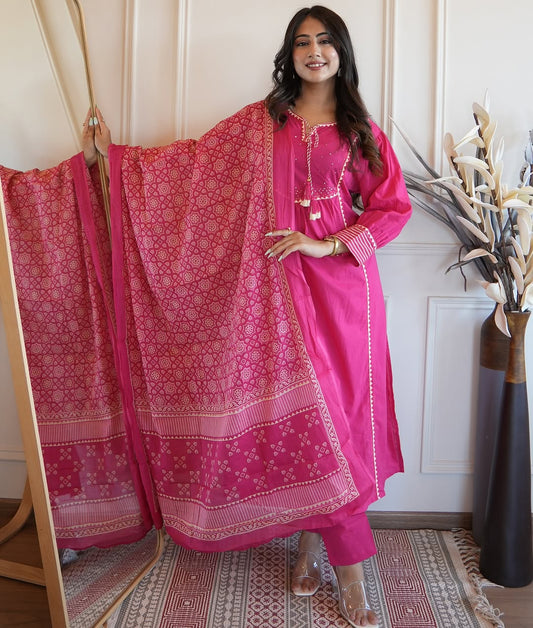 Floral Embroidered Chanderi Cotton Gota Patti  Work Kurta And Pant With Dupatta Set