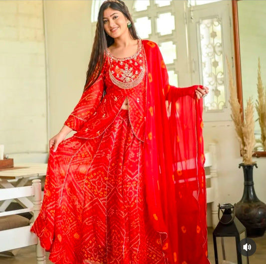 Beautiful Jorjet 3 Piece Set Crop top With pant With Shrug Hand Work And Mirror Work With Dupatta Set