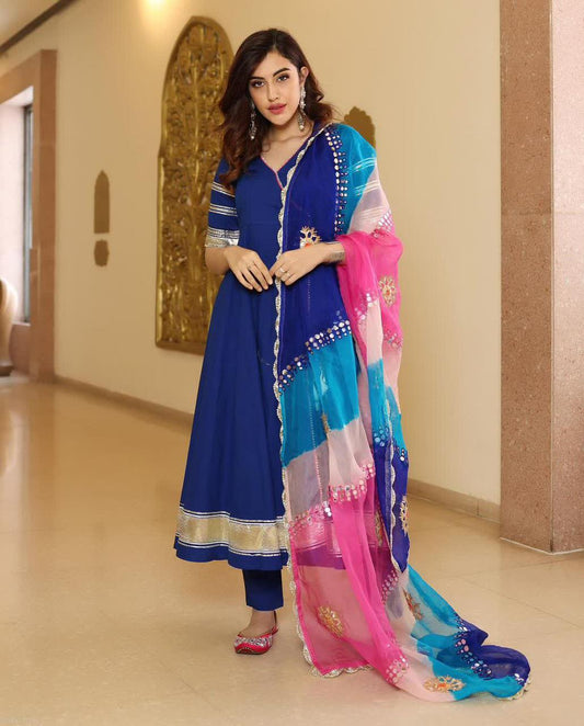 Royal Blue GottaPatti Anarkali Set With Organza Dupatta