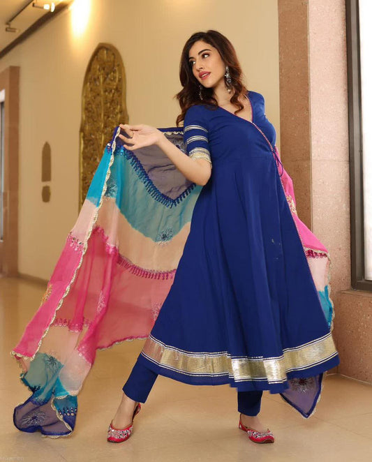 Royal Blue GottaPatti Anarkali Set With Organza Dupatta