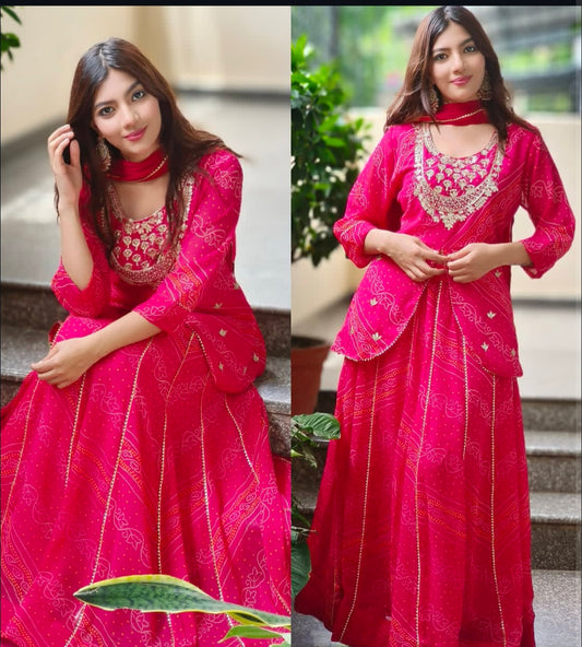 Beautiful Jorjet 3 Piece Set Crop top With pant With Shrug Hand Work And Mirror Work With Dupatta Set