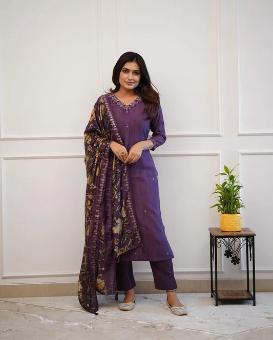 Beautiful Pure Rayon Purple  Kurta And Pant With Dupatta Set