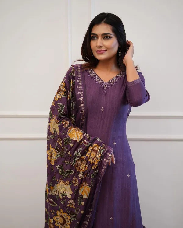 Beautiful Pure Rayon Purple  Kurta And Pant With Dupatta Set
