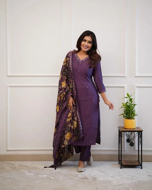 Beautiful Pure Rayon Purple  Kurta And Pant With Dupatta Set