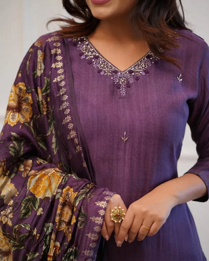 Beautiful Pure Rayon Purple  Kurta And Pant With Dupatta Set