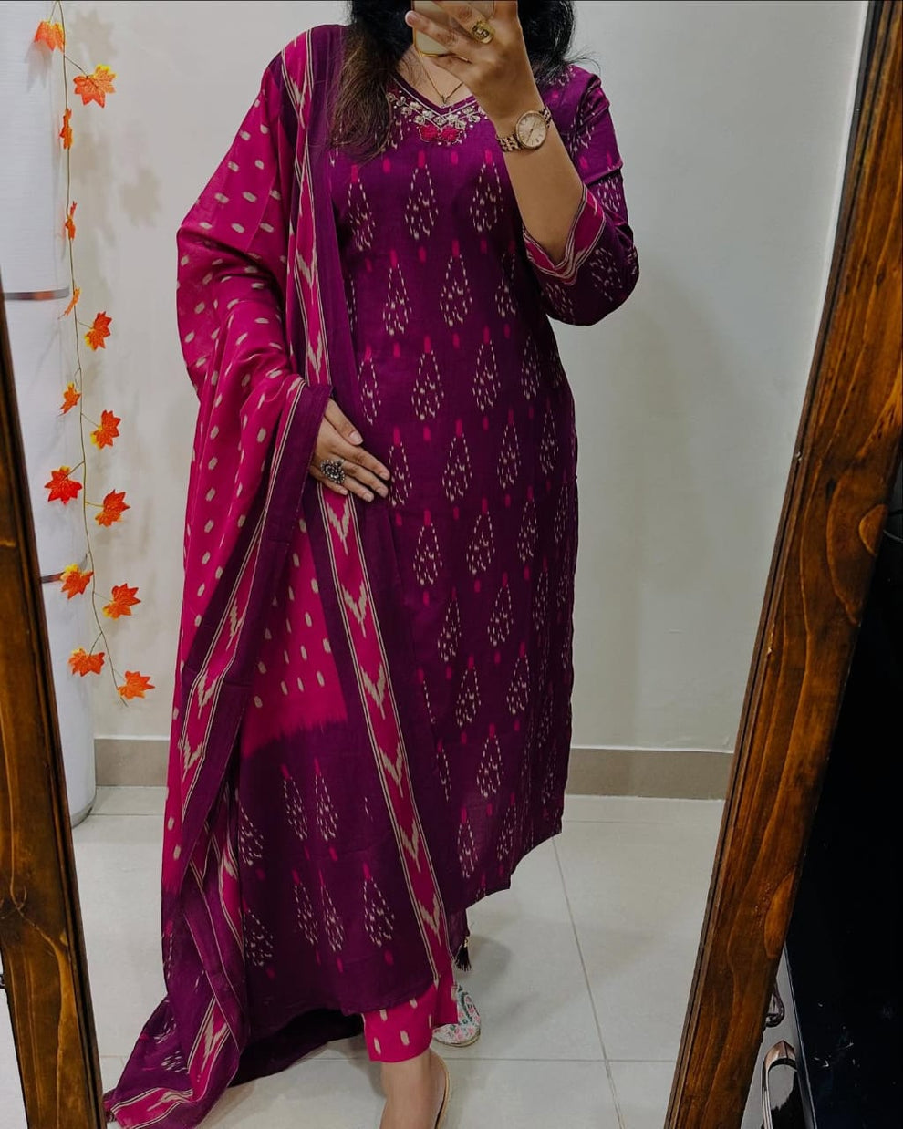 Women Magenta Ikka Print Cotton Kurta Set With Dupatta Set