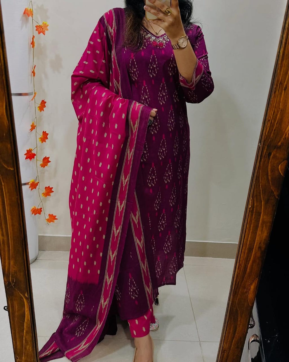 Women Magenta Ikka Print Cotton Kurta Set With Dupatta Set