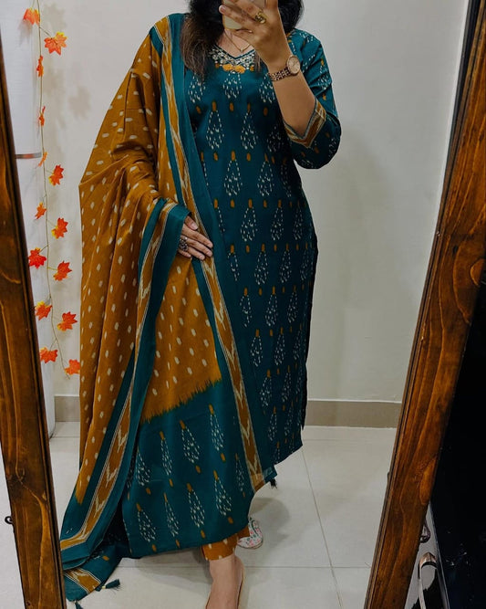 Women Teal And Mustrad Ikka Print Cotton Kurta Set With  Dupatta Set