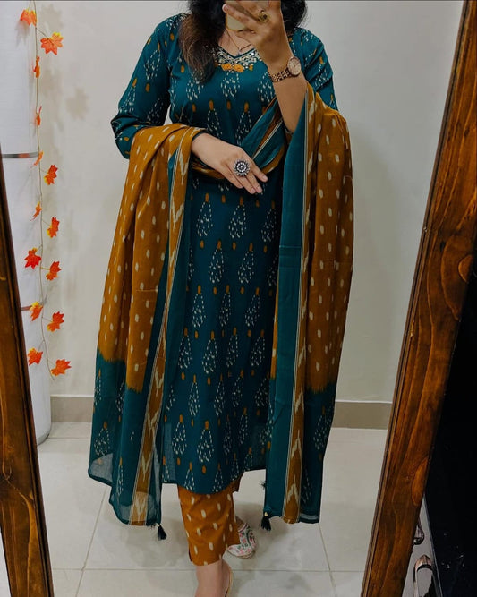 Women Teal And Mustrad Ikka Print Cotton Kurta Set With  Dupatta Set