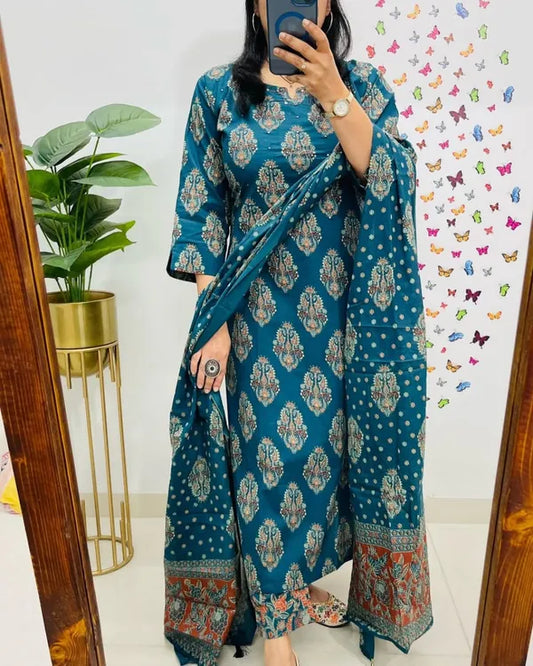 Teal And Dark Blue Designer Azrak Cotton Suit