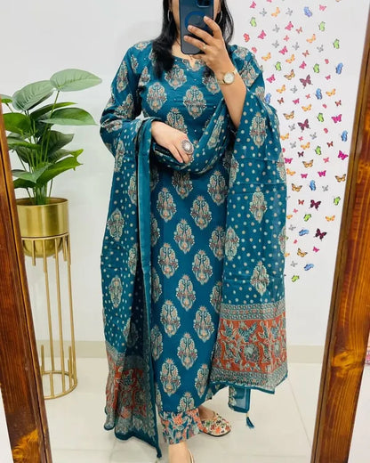 Teal And Dark Blue Designer Azrak Cotton Suit