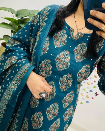 Teal And Dark Blue Designer Azrak Cotton Suit
