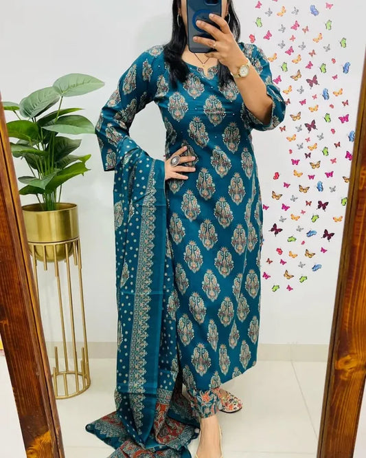 Teal And Dark Blue Designer Azrak Cotton Suit