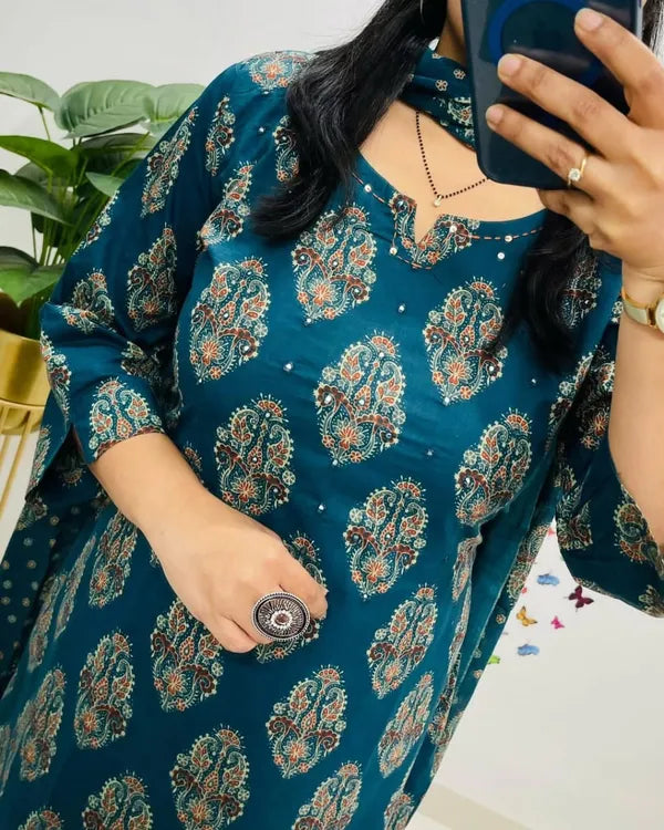 Teal And Dark Blue Designer Azrak Cotton Suit