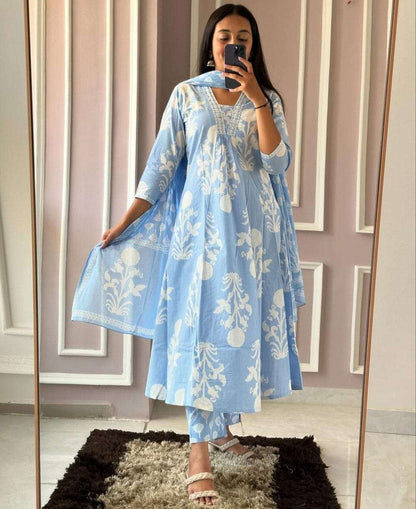 Biba Premium Pure Cotton Printed Long Kurti with Pant and Dupatta Set