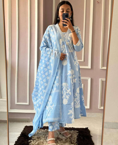 Biba Premium Pure Cotton Printed Long Kurti with Pant and Dupatta Set
