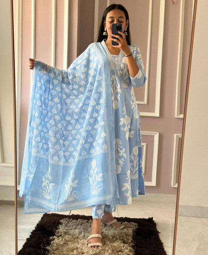 Biba Premium Pure Cotton Printed Long Kurti with Pant and Dupatta Set