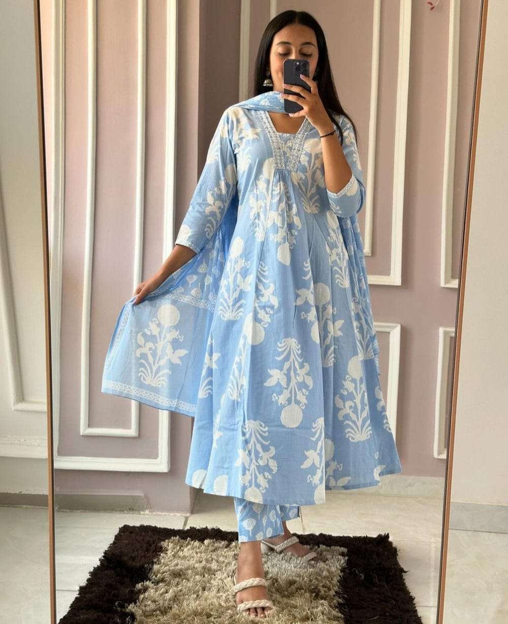 Biba Premium Pure Cotton Printed Long Kurti with Pant and Dupatta Set